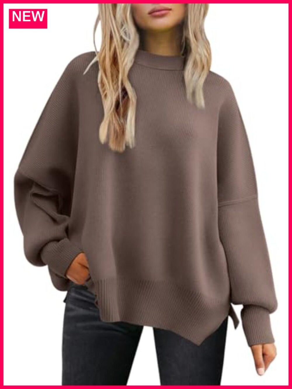 Oversized Batwing Sleeve Crewneck Knit Sweater, Long Sleeve Pullover, Side